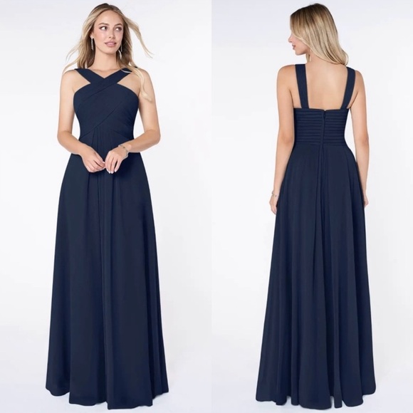 Azazie Navy Kaleigh A-Line Pleated Chiffon Maxi Dress - Picture 2 of 8